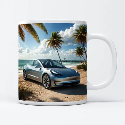 Tesla Model 3 Parked on Tropical Beach