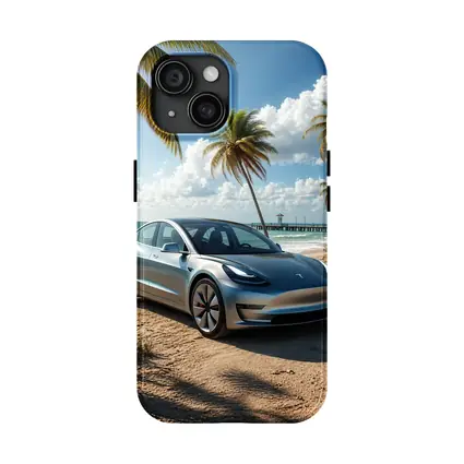 Tesla Model 3 Parked on Tropical Beach