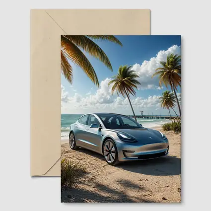Tesla Model 3 Parked on Tropical Beach