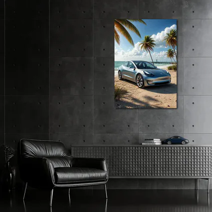 Tesla Model 3 Parked on Tropical Beach