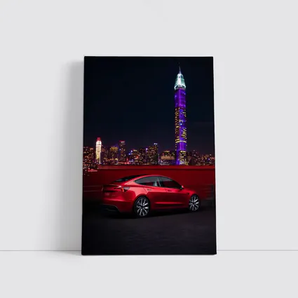 Tesla Model 3 Red City Night Skyline