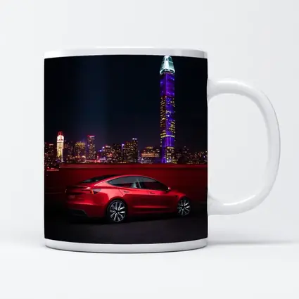 Tesla Model 3 Red City Night Skyline