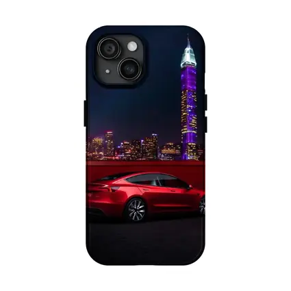 Tesla Model 3 Red City Night Skyline