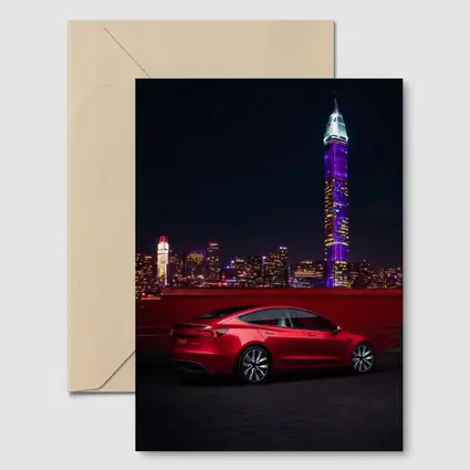 Tesla Model 3 Red City Night Skyline