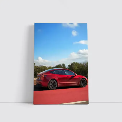 Tesla Model 3 Red Street Blue Sky