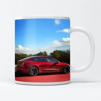 Tesla Model 3 Red Street Blue Sky