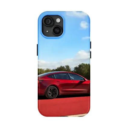 Tesla Model 3 Red Street Blue Sky