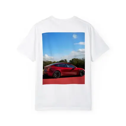 Tesla Model 3 Red Street Blue Sky