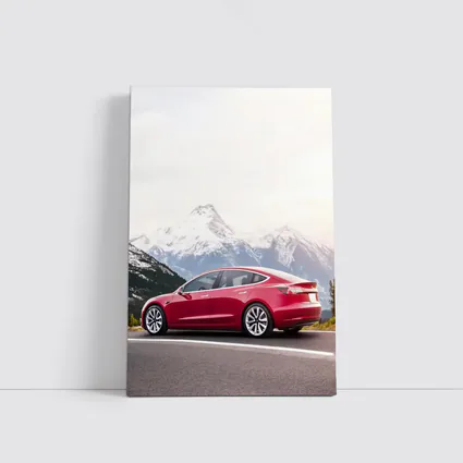 Red Tesla Model 3 Snow Mountain Road