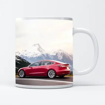 Red Tesla Model 3 Snow Mountain Road