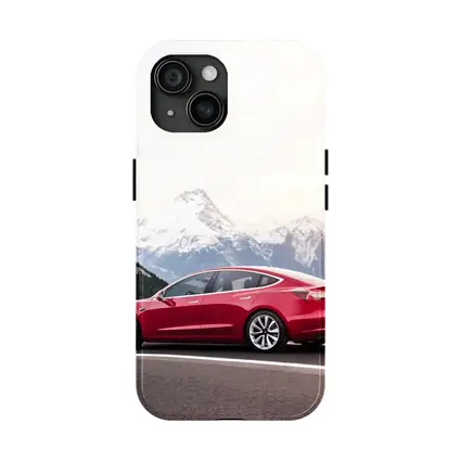 Red Tesla Model 3 Snow Mountain Road
