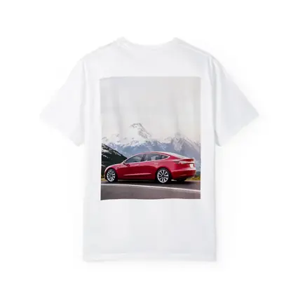 Red Tesla Model 3 Snow Mountain Road