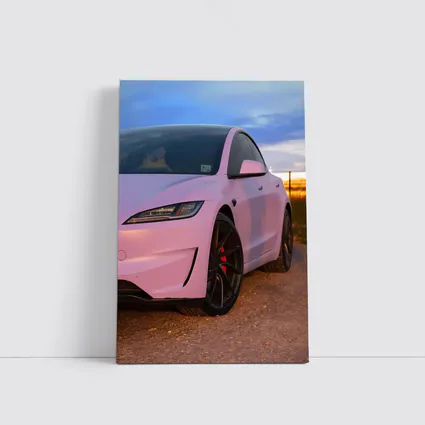 Tesla Model 3 Pink Wrap Sunset Road