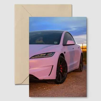 Tesla Model 3 Pink Wrap Sunset Road