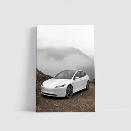 Tesla Model 3 White Misty Mountain Road