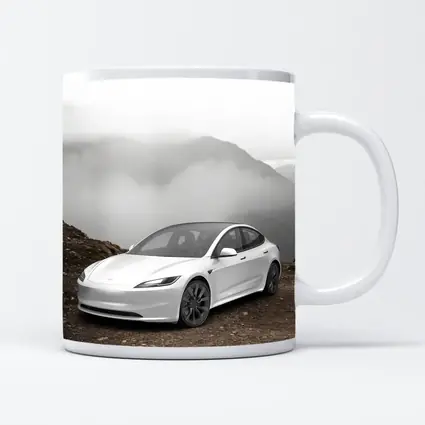 Tesla Model 3 White Misty Mountain Road