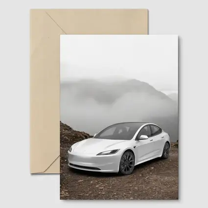 Tesla Model 3 White Misty Mountain Road