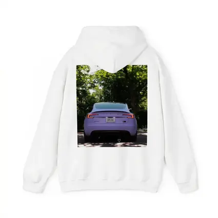 Purple Tesla Model Three Tree Lined Street