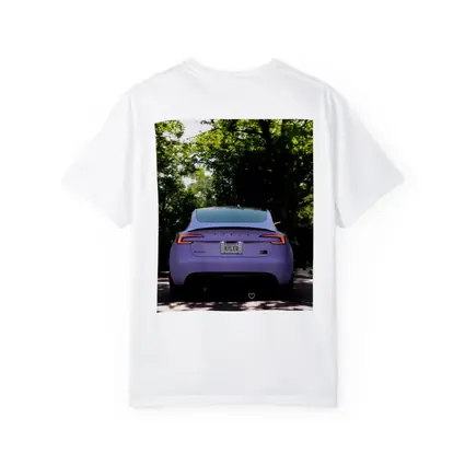 Purple Tesla Model Three Tree Lined Street