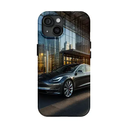 Tesla Model S Gray City Glass Building