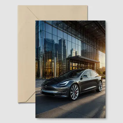 Tesla Model S Gray City Glass Building