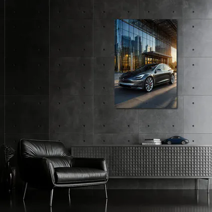 Tesla Model S Gray City Glass Building