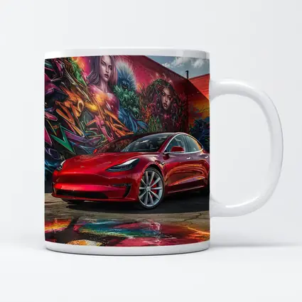 Red Tesla Model 3 Graffiti Mural Background