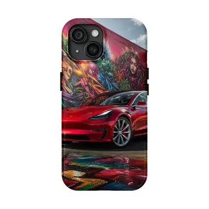 Red Tesla Model 3 Graffiti Mural Background