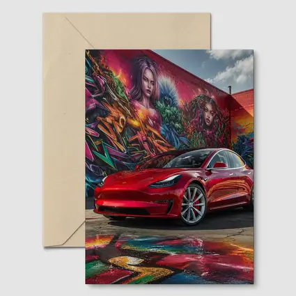 Red Tesla Model 3 Graffiti Mural Background