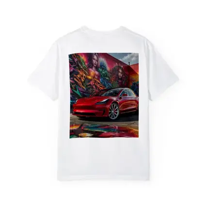 Red Tesla Model 3 Graffiti Mural Background