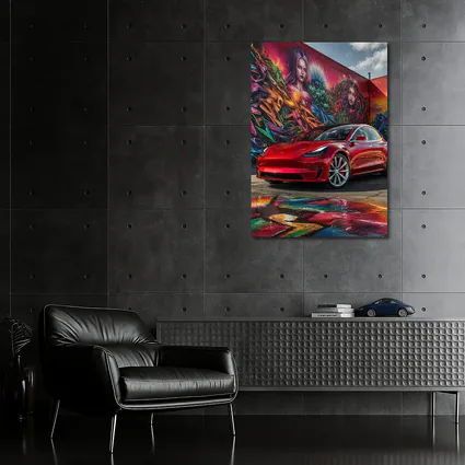 Red Tesla Model 3 Graffiti Mural Background