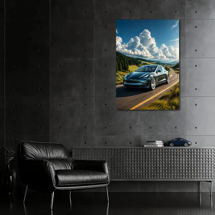 Tesla Model 3 Driving Mountain Road Landscape
