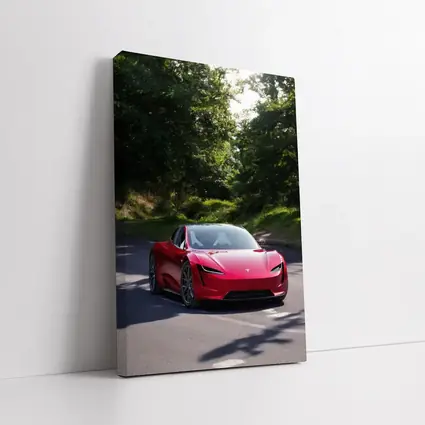 Tesla Roadster Red Car On Forest Road