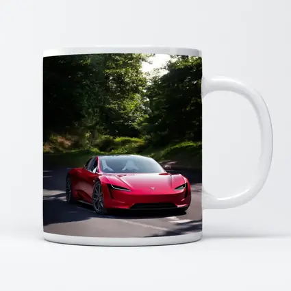 Tesla Roadster Red Car On Forest Road