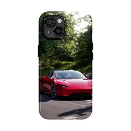 Tesla Roadster Red Car On Forest Road