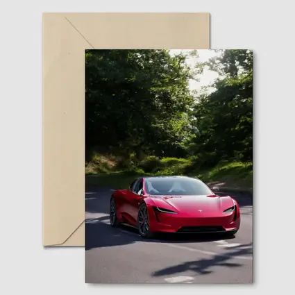 Tesla Roadster Red Car On Forest Road