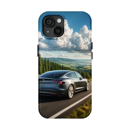 Tesla Model S Driving Forest Mountain Road