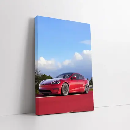 Red Tesla Model S Blue Sky Background