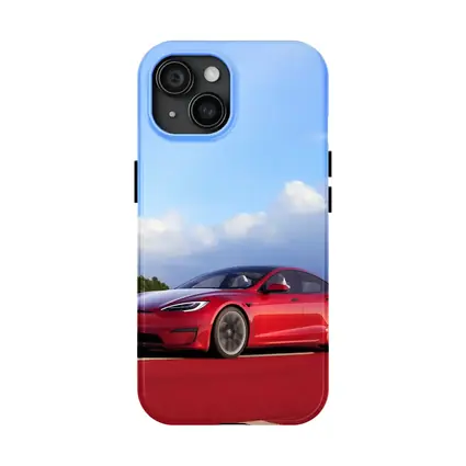 Red Tesla Model S Blue Sky Background