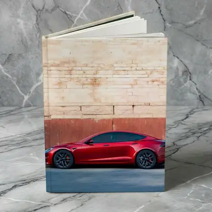 Red Tesla Model S Against Stone Wall