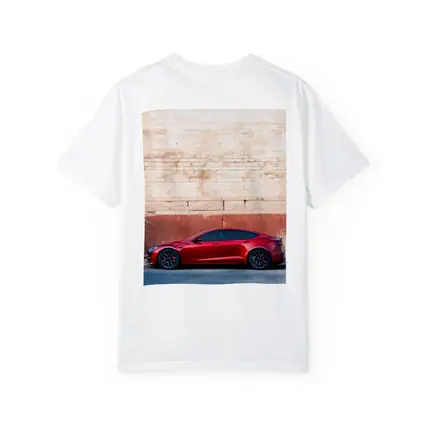 Red Tesla Model S Against Stone Wall