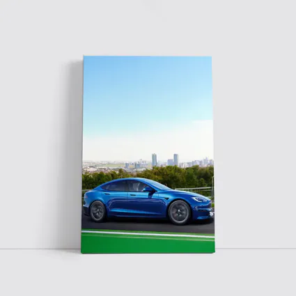 Tesla Model S Blue City Skyline Drive