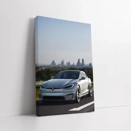 Tesla Model S Silver City Skyline Background