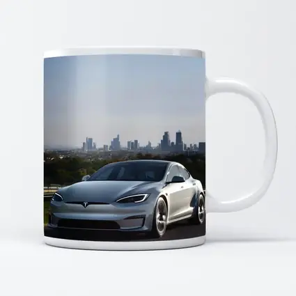 Tesla Model S Silver City Skyline Background