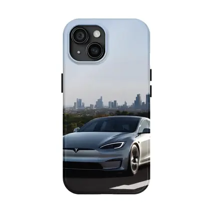 Tesla Model S Silver City Skyline Background