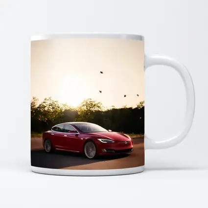 Tesla Model S Red Car Sunset Trees