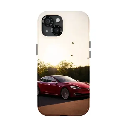 Tesla Model S Red Car Sunset Trees