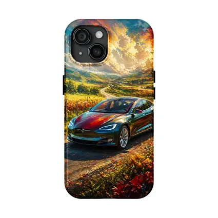 Tesla Model S Colorful Countryside Road Art