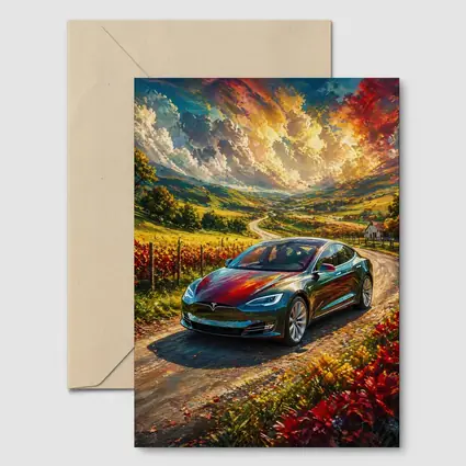 Tesla Model S Colorful Countryside Road Art