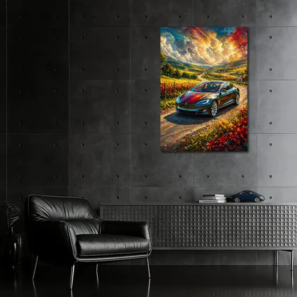 Tesla Model S Colorful Countryside Road Art